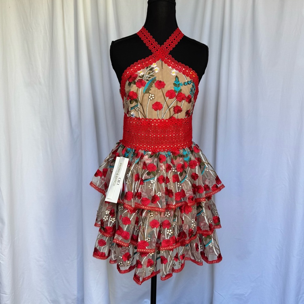 Bronx and Banco Red and Blue Floral Embroidered Dress